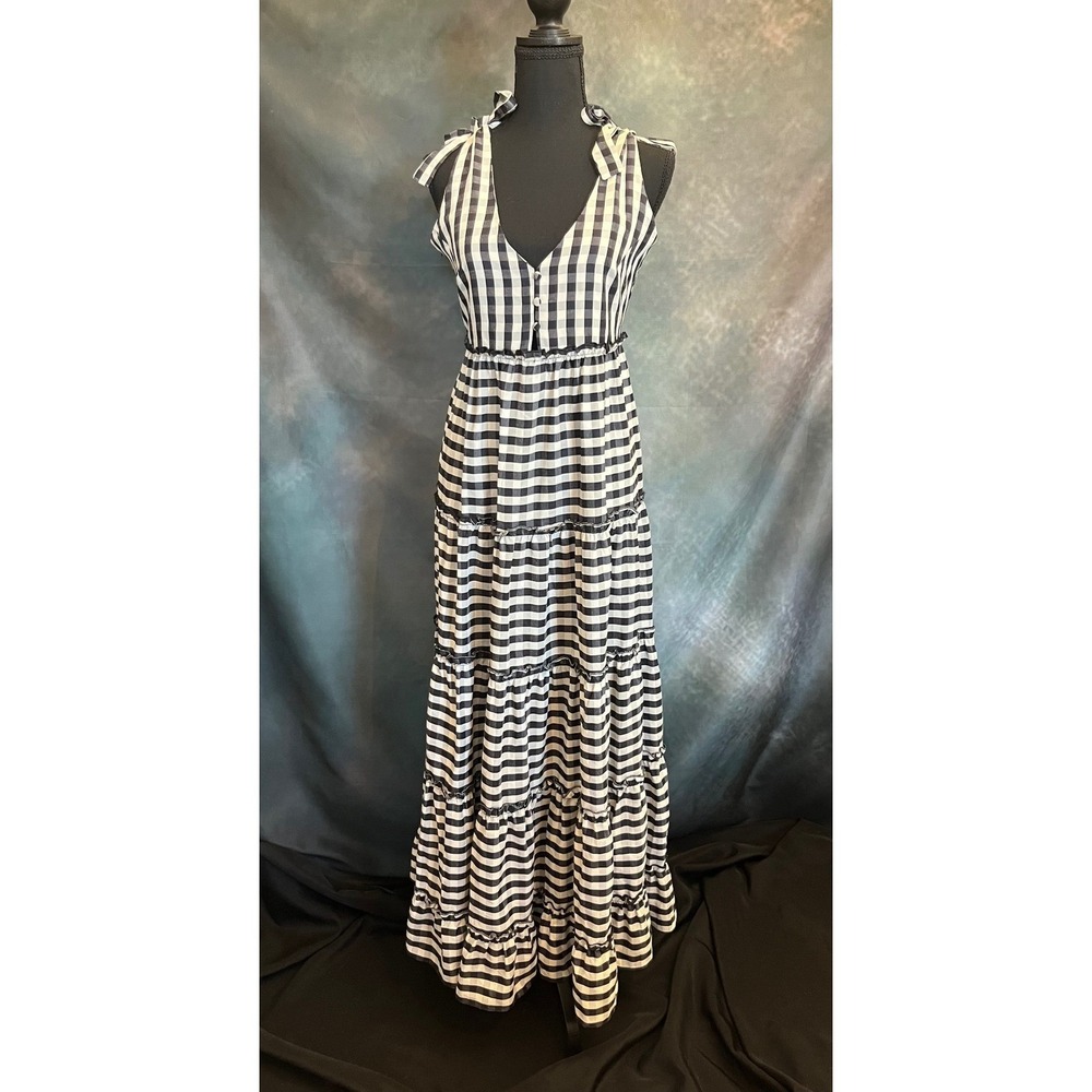 Boohoo Black White Gingham‎ Check Tiered Maxi Dress Tie Shoulder V Neck Size 8